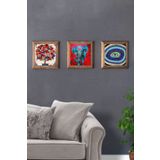 Oscar Stone Decor Masif (Ahşap) Çerçeveli 3'lü Set Taş Tablo Pano 28x28 cm Nar Ağacı Nazar Göz Fil