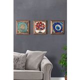 Oscar Stone Decor Masif (Ahşap) Çerçeveli 3'lü Set Taş Tablo Pano 28x28 cm Nar Ağacı Nazar Göz