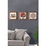 Oscar Stone Decor Masif (Ahşap) Çerçeveli 3'lü Set Taş Tablo Pano 28x28 cm Nar Ağacı Şahmeran