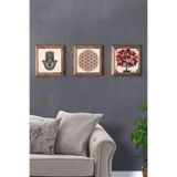 Oscar Stone Decor Masif Ahşap Çerçeveli 3'Lü Set Taş Tablo Pano 28X28 Cm Nar Ağacı Yaşam Çiçeği 3Prmt-40-0283