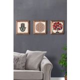 Oscar Stone Decor Masif (Ahşap) Çerçeveli 3'lü Set Taş Tablo Pano 28X28 cm Nar Ağacı Yaşam Çiçeği