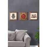 Oscar Stone Decor Masif (Ahşap) Çerçeveli 3lü Set Taş Tablo Pano 28x28 cm Nar Dua Fatma Ana Şahmeran