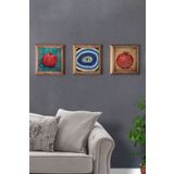 Oscar Stone Decor Masif (ahşap) Çerçeveli 3'lü Set Taş Tablo Pano 28x28 Cm Nar Dua Nazar Nar 3PRMT-40-0495
