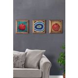 Oscar Stone Decor Masif (Ahşap) Çerçeveli 3'lü Set Taş Tablo Pano 28x28 cm Nar Dua Nazar Nar