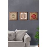 Oscar Stone Decor Masif (Ahşap) Çerçeveli 3'lü Set Taş Tablo Pano 28x28 cm Nar Duası Hayat Ağacı