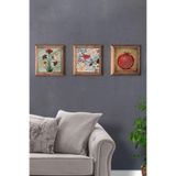 Oscar Stone Decor Masif (Ahşap) Çerçeveli 3'lü Set Taş Tablo Pano 28x28 cm Nar Duası Kuş Ebruli 3PRMT-40-0487