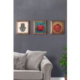 Oscar Stone Decor Masif (Ahşap) Çerçeveli 3'lü Set Taş Tablo Pano 28x28 cm Nar Fatma Ana Nar Dua