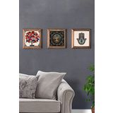 Oscar Stone Decor Masif (Ahşap) Çerçeveli 3'lü Set Taş Tablo Pano 28X28 cm Nar Hayat Ağacı Fatma Ana