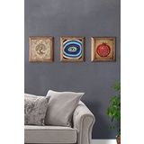 Oscar Stone Decor Masif (Ahşap) Çerçeveli 3'lü Set Taş Tablo Pano 28x28 cm Nar Hayat Ağacı Nazar Göz