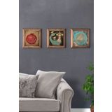 Oscar Stone Decor Masif (Ahşap) Çerçeveli 3'lü Set Taş Tablo Pano 28x28 cm Nar Şahmeran Yaşam Çiçeği