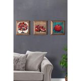 Oscar Stone Decor Masif (ahşap) Çerçeveli 3'lü Set Taş Tablo Pano 28x28 cm Nar Seti Pomegranate Set 3PRMT-40-0120