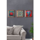 Oscar Stone Decor Masif (ahşap) Çerçeveli 3'lü Set Taş Tablo Pano 28x28 Cm Nar Ve Fil 3PRMT-40-0555