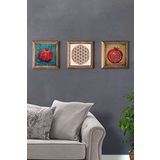 Oscar Stone Decor Masif (Ahşap) Çerçeveli 3'lü Set Taş Tablo Pano 28x28 cm Nar Yaşam Çiçeği Nar Dua