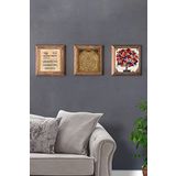 Oscar Stone Decor Masif (Ahşap) Çerçeveli 3'lü Set Taş Tablo Pano 28X28 cm Nazar Bereket Nar Ağacı