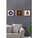 Oscar Stone Decor Masif (Ahşap) Çerçeveli 3'lü Set Taş Tablo Pano 28X28 cm Nazar Boncuğu Hayat Ağacı