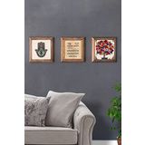 Oscar Stone Decor Masif (Ahşap) Çerçeveli 3'lü Set Taş Tablo Pano 28X28 cm Nazar Duası Nar Fatma Ana