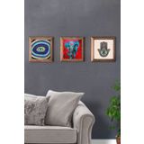 Oscar Stone Decor Masif (Ahşap) Çerçeveli 3'lü Set Taş Tablo Pano 28x28 cm Nazar Göz Fil Fatma Ana