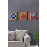 Oscar Stone Decor Masif (Ahşap) Çerçeveli 3'lü Set Taş Tablo Pano 28x28 cm Nazar Göz Fil Nar Dua