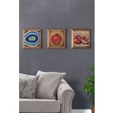 Oscar Stone Decor Masif (Ahşap) Çerçeveli 3'lü Set Taş Tablo Pano 28x28 cm Nazar Göz Nar Dua Nar