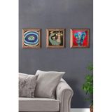 Oscar Stone Decor Masif (Ahşap) Çerçeveli 3'lü Set Taş Tablo Pano 28x28 cm Nazar Göz Şahmeran Fil 3PRMT-40-0457