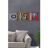Oscar Stone Decor Masif (Ahşap) Çerçeveli 3'lü Set Taş Tablo Pano 28x28 cm Nazar Göz Şahmeran Fil