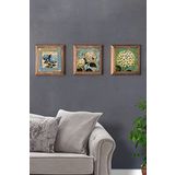 Oscar Stone Decor Masif (Ahşap) Çerçeveli 3'lü Set Taş Tablo Pano 28X28 cm Ortanca Çiçeği Hydrangea