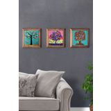Oscar Stone Decor Masif Ahşap Çerçeveli 3'lü Set Taş Tablo Pano 28x28 Cm Renkli Ağaçlar Colorful Trees 3PRMT-40-0006