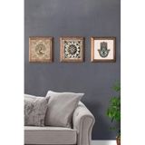 Oscar Stone Decor Masif (Ahşap) Çerçeveli 3'Lü Set Taş Tablo Pano 28X28 Cm Rönesans Eserleri Seti 3Prmt-40-0400