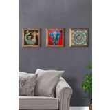 Oscar Stone Decor Masif (Ahşap) Çerçeveli 3'lü Set Taş Tablo Pano 28x28 cm Şahmeran Fil