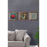 Oscar Stone Decor Masif (Ahşap) Çerçeveli 3'Lü Set Taş Tablo Pano 28X28 Cm Şahmeran Nar 3Prmt-40-0454