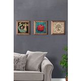 Oscar Stone Decor Masif (Ahşap) Çerçeveli 3'lü Set Taş Tablo Pano 28x28 cm Şahmeran Nar Hayat Ağacı