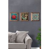 Oscar Stone Decor Masif (Ahşap) Çerçeveli 3'lü Set Taş Tablo Pano 28x28 cm Şahmeran Nar