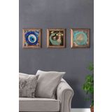 Oscar Stone Decor Masif (Ahşap) Çerçeveli 3'lü Set Taş Tablo Pano 28x28 cm Şahmeran Nazar Boncuğu 3PRMT-40-0506