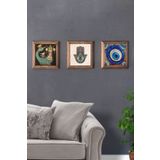 Oscar Stone Decor Masif (ahşap) Çerçeveli 3'lü Set Taş Tablo Pano 28x28 Cm Şahmeran Nazar Boncuğu 3PRMT-40-0507