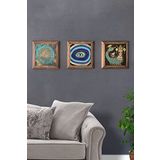 Oscar Stone Decor Masif (Ahşap) Çerçeveli 3'lü Set Taş Tablo Pano 28X28 cm Şahmeran Nazar Göz
