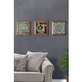 Oscar Stone Decor Masif (Ahşap) Çerçeveli 3'lü Set Taş Tablo Pano 28x28 cm Şahmeran Yaşam Çiçeği