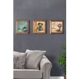 Oscar Stone Decor Masif (ahşap) Çerçeveli 3'lü Set Taş Tablo Pano 28x28 Cm Saksı Çiçek Potted Flower 3PRMT-20-0005