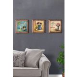 Oscar Stone Decor Masif (Ahşap) Çerçeveli 3'lü Set Taş Tablo Pano 28X28 cm Saksı Çiçek Potted Flower