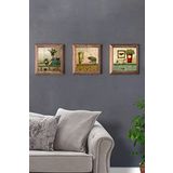 Oscar Stone Decor Masif (Ahşap) Çerçeveli 3'lü Set Taş Tablo Pano 28X28 cm Salon Çiçek Potted Flower