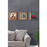 Oscar Stone Decor Masif (Ahşap) Çerçeveli 3'lü Set Taş Tablo Pano 28X28 cm Semazen Desen Nar
