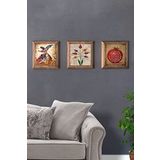 Oscar Stone Decor Masif (Ahşap) Çerçeveli 3'lü Set Taş Tablo Pano 28x28 cm Semazen Ebruli Nar Dua