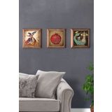 Oscar Stone Decor Masif (Ahşap) Çerçeveli 3'lü Set Taş Tablo Pano 28x28 cm Semazen Nar Dua Şahmeran