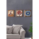 Oscar Stone Decor Masif (Ahşap) Çerçeveli 3'Lü Set Taş Tablo Pano 28X28 Cm Semazen Nazar Göz Nar 3Prmt-40-0576