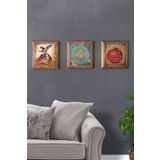 Oscar Stone Decor Masif (Ahşap) Çerçeveli 3'lü Set Taş Tablo Pano 28x28 cm Semazen Yaşam Çiçeği Nar