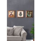 Oscar Stone Decor Masif (Ahşap) Çerçeveli 3'lü Set Taş Tablo Pano 28x28 cm Semzen Şahmeran Fatma Ana