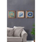 Oscar Stone Decor Masif (Ahşap) Çerçeveli 3'Lü Set Taş Tablo Pano 28X28 Cm Tavus Kuşu Nazar Göz 3Prmt-40-0573