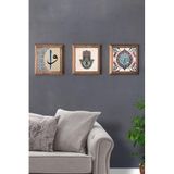 Oscar Stone Decor Masif (Ahşap) Çerçeveli 3'lü Set Taş Tablo Pano 28X28 cm Vav Elif Hamsa Çini Desen 3PRMT-40-0204