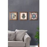Oscar Stone Decor Masif (Ahşap) Çerçeveli 3'lü Set Taş Tablo Pano 28X28 cm Vav Elif Hamsa Çini Desen