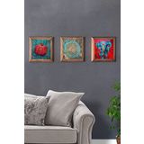 Oscar Stone Decor Masif (Ahşap) Çerçeveli 3'lü Set Taş Tablo Pano 28x28 cm Yaşam Çiçeği Fil Nar