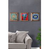 Oscar Stone Decor Masif (Ahşap) Çerçeveli 3'lü Set Taş Tablo Pano 28x28 cm Yaşam Çiçeği Fil Nazar
